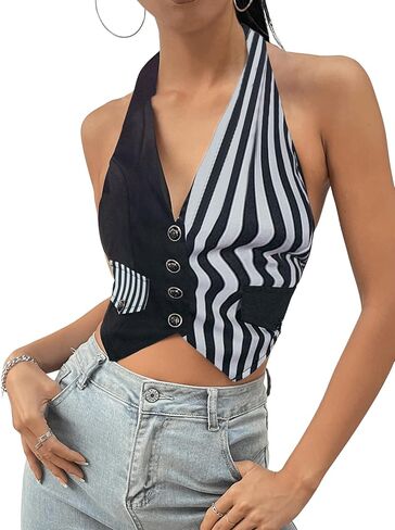 Verdusa Women's Notch Neck Backless Asymmetrical Hem Button Front Crop Blazer Vest in Kuwait