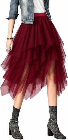 Tulle Skirts for Women 3 Layered High Low Asymmetrical Midi Length Elastic Waist Mesh Tutu Skirts in Kuwait