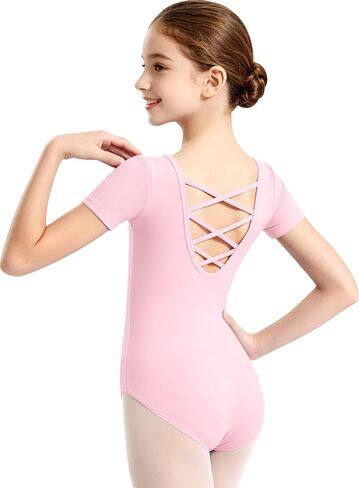 MOLLDAN Girls Dance Ballet Leotards Short Sleeve Criss Cross Straps Back in Kuwait