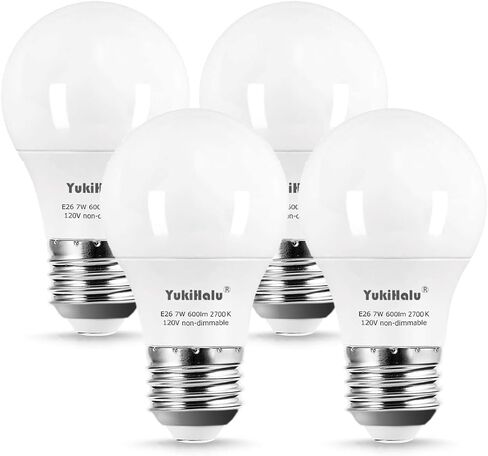 YukiHalu A15 LED Light Bulbs, 60W Equivalent, E26 Base, 2700K/3000K/5000k White, 7W 600 Lumens 120V, UL Listed, Ceiling Fan Light Bulbs, Appliance Bulb, Not Dimmable, Pack of 4 (2700K Soft White) in Saudi Arabia