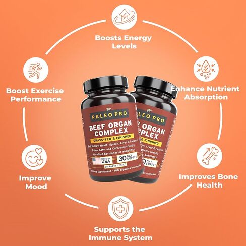 Paleo Pro O.G. Blend Premium Beef Organs Capsules, Kidney, Heart, Liver, Spleen and Pancreas from Grass Fed & Pastured Cows, Dietary Supplement, No Added Hormones or Antibiotics, 180 Capsules in Saudi Arabia