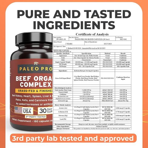 Paleo Pro O.G. Blend Premium Beef Organs Capsules, Kidney, Heart, Liver, Spleen and Pancreas from Grass Fed & Pastured Cows, Dietary Supplement, No Added Hormones or Antibiotics, 180 Capsules in Saudi Arabia