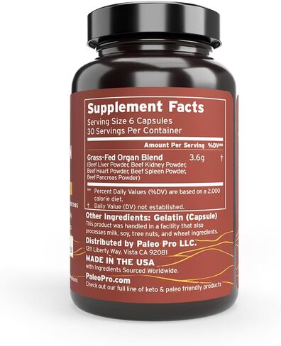Paleo Pro O.G. Blend Premium Beef Organs Capsules, Kidney, Heart, Liver, Spleen and Pancreas from Grass Fed & Pastured Cows, Dietary Supplement, No Added Hormones or Antibiotics, 180 Capsules in Saudi Arabia