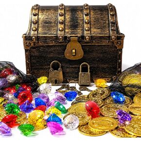AiFanS Treasure Chest for Kids Prizes,Plastic Treasure Chest with 320 Treasure Gold Coins and Gems/Jewels- Perfect for Pirate Themed Parties and Games in Kuwait