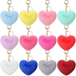 Equsion Heart Pom Pom Keychain Bulk Party Favors Colored Faux Fur Pom Pom Keyholder Bulk Keychains Wholesale for Valentine's day and Girls (Multicolor, 48) in Kuwait