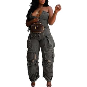 Tbahhir Women's Sexy Off Shoulder Tube Denim Cargo Jumpsuits Wide Leg Baggy Loose Jean Pants Rompers Overalls in Kuwait