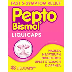Pepto Bismol Liquicaps, Bismuth Subsalicylate, Multi-Symptom Relief of Gas, Nausea, Heartburn, Indigestion, Upset Stomach, Diarrhea, 48 Liquicaps in Kuwait