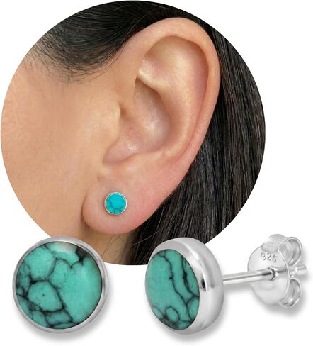 925 Sterling Silver 6mm Round Reconstructed Turquoise Gemstone Stud Earrings - Small Classic Circle Studs | Handmade by MiYa Jewelry Creations in Saudi Arabia