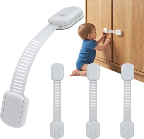 4 Pack Baby Proofing Cabinet Strap Locks - Vkania Kids Proof Kit - Child Safety Drawer Cupboard Oven Refrigerator Adhesive Locks - Adjustable Toilets Seat Fridge Latches - No Drilling in Saudi Arabia
