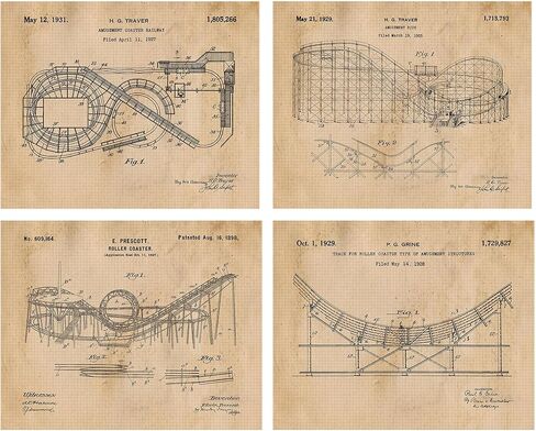 Vintage Roller Coaster Patent Prints, 4 (8x10) Unframed Photos, Wall Art Decor Gifts Under 20 for Home Office Garage Man Cave Shop Student Teacher Coach Amusement Theme Park Rides Thrill Seeker Fan in Saudi Arabia