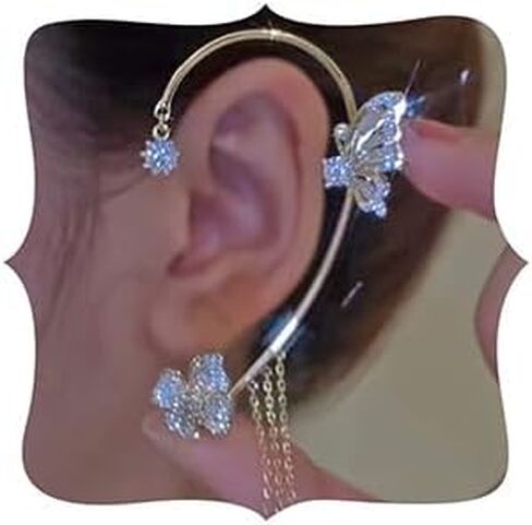 Rhinestone Butterfly Ear Cuffs Tassel Chain Dangle Earrings Non Piercing Flower Ear Cuffs Wrap Climber Crawler Earrings Boho Hollow Butterfly Earrings（Gold） in Saudi Arabia