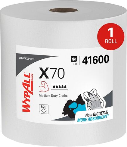 قماش WypAll Power Clean X70 متوسط ​​التحمل (41600)، بكرة ضخمة، أداء طويل الأمد، أبيض، لفة واحدة، 870 ورقة in Kuwait
