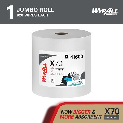 قماش WypAll Power Clean X70 متوسط ​​التحمل (41600)، بكرة ضخمة، أداء طويل الأمد، أبيض، لفة واحدة، 870 ورقة in Kuwait