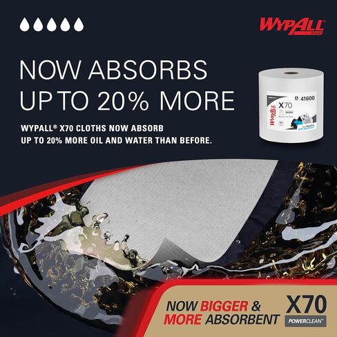 قماش WypAll Power Clean X70 متوسط ​​التحمل (41600)، بكرة ضخمة، أداء طويل الأمد، أبيض، لفة واحدة، 870 ورقة in Kuwait