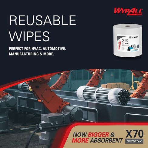 قماش WypAll Power Clean X70 متوسط ​​التحمل (41600)، بكرة ضخمة، أداء طويل الأمد، أبيض، لفة واحدة، 870 ورقة in Kuwait