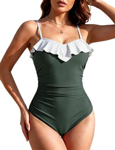 Womens One Piece Swimsuits Slimming Tummy Control Bathing Suits Ruffle Clashing Color Halter Swim Suit 2025 in Saudi Arabia