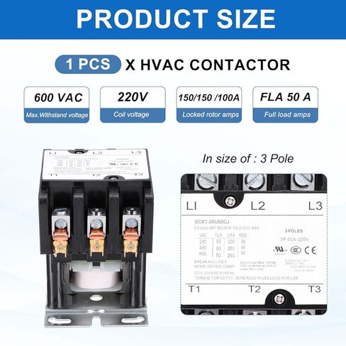DMIOTECH HVAC Touchor ، 3 عمود FLA 50 أمبير 120 فولت لفائف مكيف مكيف موصل محرك مكثف محرك AC محدد الغرض ، UL مدرج in Saudi Arabia