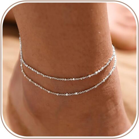 MIDEEO Gold/Sliver Ankle Bracelets for Women,14K Gold Anklets for Women Waterproof Cuban Link Heart Beads Herringbone Rhinestone Anklets Set Layered Anklet Bracelets for Women Gold Jewelry Gift in Kuwait