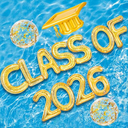 Sumind 14 Pcs Gold Class of 2024 Grad Pool Float 20" Inflatable Letter Pool Float Glitter Grad Party Decor Graduation Decoration Set with Graduation Beach Ball Graduation Hat for Grad Pool Beach in Saudi Arabia