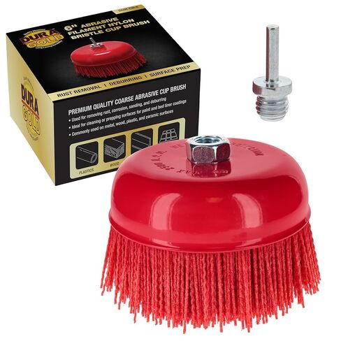 Dura-Gold 4" Abrasive Filament Nylon Bristle Cup Brush - 5/8" 11 Thread, 1/4" Hex Drill Shank Arbor, Coarse Grit Angle Grinder Brush for Truck Bed Liner Surface Prep, Sanding, Rust & Paint Removal in Saudi Arabia