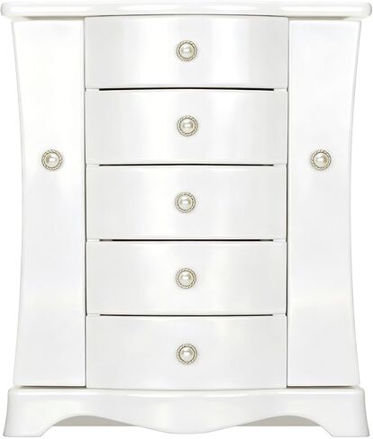 صندوق مجوهرات RR ROUND RICH DESIGN - مصنوع من الخشب الصلب مع منظم 4 أدراج على شكل برج وبابين مفتوحين منفصلين على الجانبين ومرآة كبيرة باللون البني in Kuwait