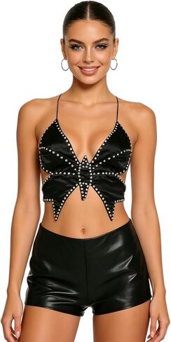 JUMISEE Women Sparkly Rhinestone Butterfly Crop Top Sexy Satin V Neck Bakless Lace Up Cami Tank Top for Rave Festival in Kuwait