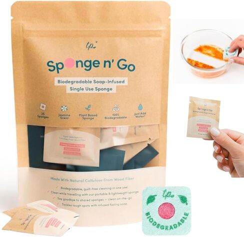 Sponge n' Go: Mini Travel Dish Soap & Sponges | Eco-Friendly, Soap-Infused, Single-Use Cellulose Compressed Sponges | Your On-The-Go Cleaning Companion for Trips, Camps, Work (Pack 20) in Saudi Arabia