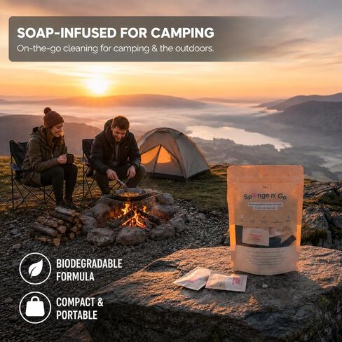Sponge n' Go: Mini Travel Dish Soap & Sponges | Eco-Friendly, Soap-Infused, Single-Use Cellulose Compressed Sponges | Your On-The-Go Cleaning Companion for Trips, Camps, Work (Pack 20) in Saudi Arabia