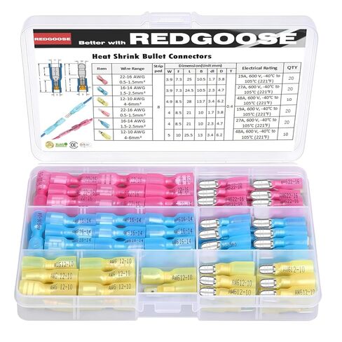 REDGOOSE 100 قطعة من موصلات الأشياء بأسمائها الحقيقية المنكمشة بالحرارة 1/4 بوصة 22-10 مقياس للإناث والذكور معزولة مقاومة للماء وفصل سريع لسلك تجعيد الأطراف مجموعة متنوعة in Saudi Arabia