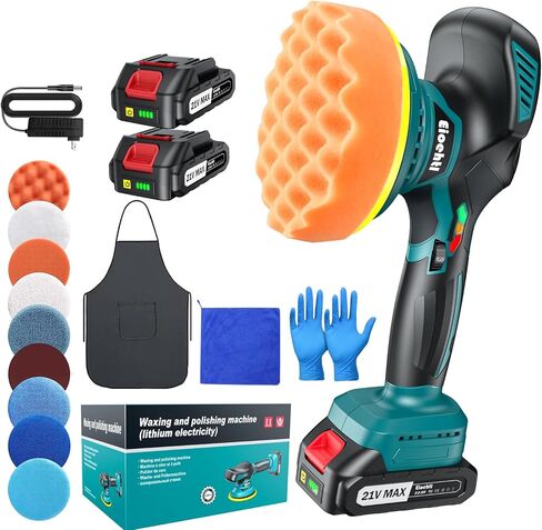 Cordless Buffer Polisher - 6 inch Car Polisher with 2pcs 21V 2000mAh Lithium Battery and 13 PCS Attachments, Car Buffer Polisher 6 Variable Speed 5500RPM for Auto Detailing/Polishing/Waxing in Saudi Arabia