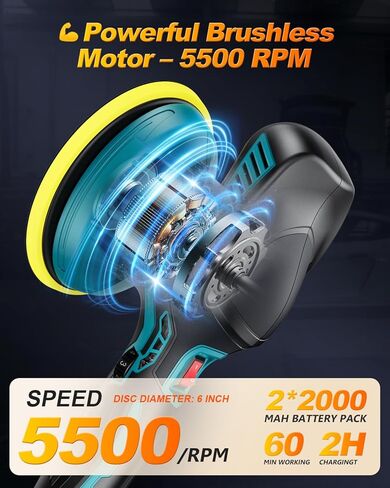 Cordless Buffer Polisher - 6 inch Car Polisher with 2pcs 21V 2000mAh Lithium Battery and 13 PCS Attachments, Car Buffer Polisher 6 Variable Speed 5500RPM for Auto Detailing/Polishing/Waxing in Saudi Arabia
