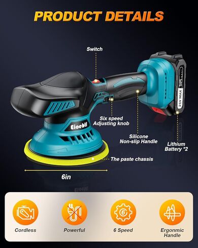 Cordless Buffer Polisher - 6 inch Car Polisher with 2pcs 21V 2000mAh Lithium Battery and 13 PCS Attachments, Car Buffer Polisher 6 Variable Speed 5500RPM for Auto Detailing/Polishing/Waxing in Saudi Arabia