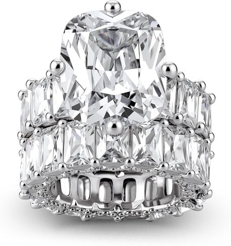Jeulia Cushion Cut Three Sided Pave Sterling Silver Eternity Ring Cubic Zirconia Art Deco Halo Wedding Engagement Anniversary Rings Set in Saudi Arabia