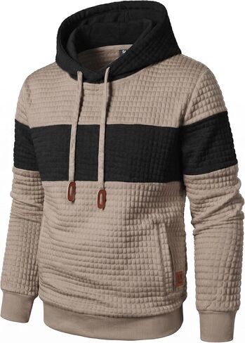 Qichic Men’s Sweatshirts Long Sleeve Pullover Patchwork Plaid Jacquard Hoodie Casual Drawstring Hoody Top in Saudi Arabia