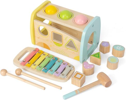 Hammering Pounding Toys Wooden Educational Toy Xylophone Shape Sorter, Birthday Gift for 1 2 3 Years Boys Girls Baby Toddler Kids Developmental Montessori Learning Toy (Yellow) in Saudi Arabia