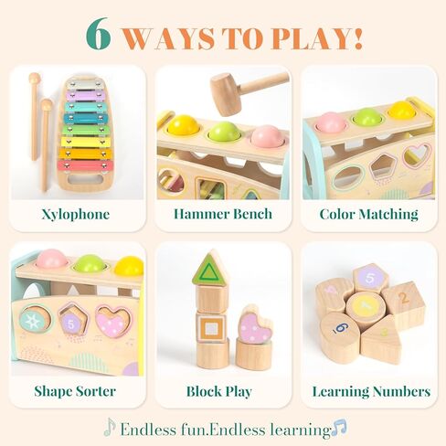 Hammering Pounding Toys Wooden Educational Toy Xylophone Shape Sorter, Birthday Gift for 1 2 3 Years Boys Girls Baby Toddler Kids Developmental Montessori Learning Toy (Yellow) in Saudi Arabia