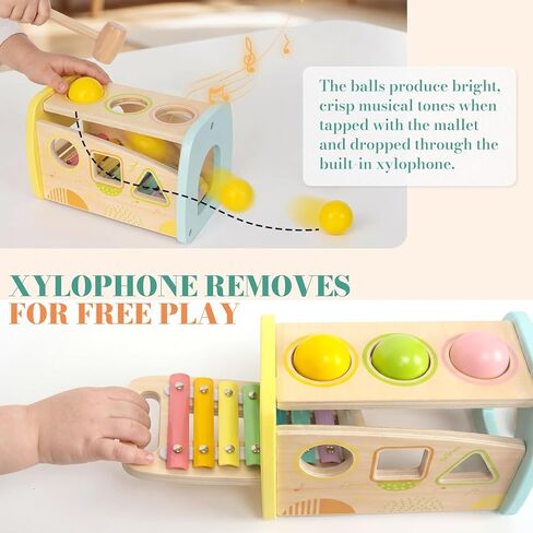 Hammering Pounding Toys Wooden Educational Toy Xylophone Shape Sorter, Birthday Gift for 1 2 3 Years Boys Girls Baby Toddler Kids Developmental Montessori Learning Toy (Yellow) in Saudi Arabia