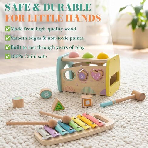 Hammering Pounding Toys Wooden Educational Toy Xylophone Shape Sorter, Birthday Gift for 1 2 3 Years Boys Girls Baby Toddler Kids Developmental Montessori Learning Toy (Yellow) in Saudi Arabia