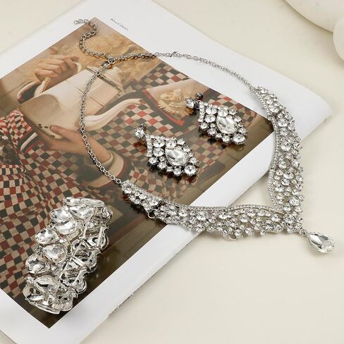 IRONBOX Crystal Wedding Bridal Jewelry Set for Women Prom Sliver Rhinestone Teardrop Necklace Earrings Bracelet Wedding Bridesmaid Gifts Fit with Wedding Dress in Kuwait