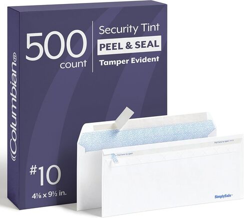 مظاريف أمان كولومبية رقم 10، 500/صندوق، بدون نافذة، 4-1/8 × 9-1/2 بوصة، تحرير وختم ذاتي الختم، أداة سيمبلي سيف للتلاعب، أبيض (COLO180) in Saudi Arabia