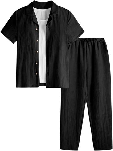 Verdusa Boy's 2 Piece Outfit Button Front Short Sleeve Shirt and Drawstring Waist Pants Set in Saudi Arabia