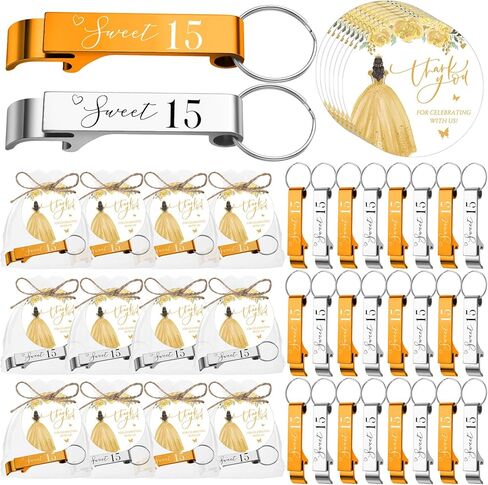 Dandat 50 Sets Quinceanera Party Favors for Guests 15 Years Old Bottle Opener Keychain Organza Bags Thank You Cards with Rope Quinceanera Gift for 15 Party Guests (Pink,Silver) in Saudi Arabia