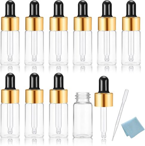Elfenstall- 10pcs 10ml 1/3oz Amber Mini Glass Bottle Amber Sample Vial Small Essential Oil Bottle with Glass Eye Dropper Refillable Containers + 1pc Glass Clean Cloth + 1pc 3ml Dropper in Kuwait