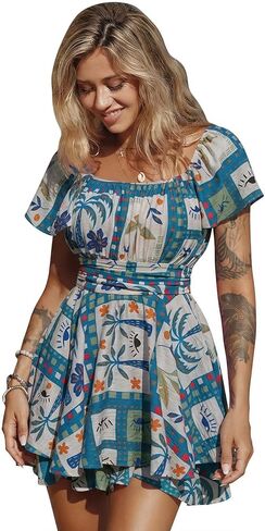 EXLURA Women's 2024 Summer Ruffle Short Sleeve Tie Back Romper Dress Square Neck A Line Cute Dressy Short Jumpsuits in Saudi Arabia