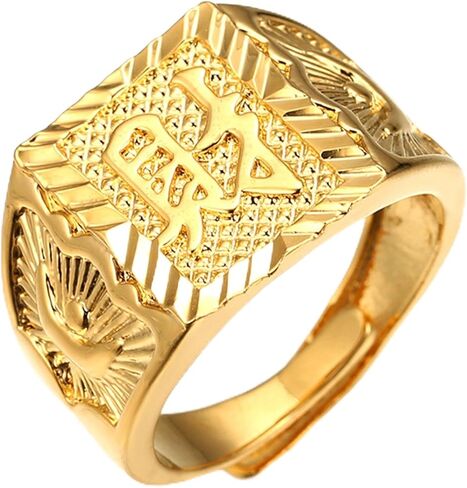 Halukakah Mens Gold Ring Diamond 3PCs Set,18K Real Gold/Platinum Filled Kanji Rich/Luck/Wealth Lab Diamonds Prong Set Size Adjustable,Gift for Men in Kuwait