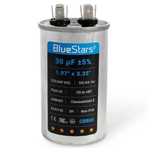 Premium 30 MFD uf ± 5% MFD 370 V VAC أو 440 فولت 50/60 هرتز، محرك متعدد الأغراض يعمل بمكثف دائري من بلو ستارز - متوافق مع مكيف الهواء أو مكثف المضخة الحرارية - حزمة من 1 in Kuwait