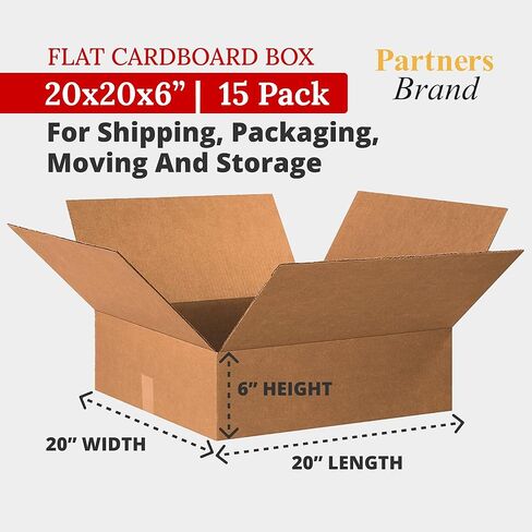 PARTNERS BRAND 20x20x6 Flat Corrugated Boxes, Flat, 20L x 20W x 6H, Pack of 15 | Shipping, Packaging, Moving, Storage Box for Home or Business, Strong Wholesale Bulk Boxes in Saudi Arabia
