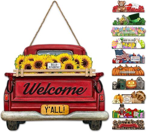 Interchangeable Welcome Sign for Front Door Blue Farmhouse Truck Decor Hanging Sign with 11 Interchangeable Seasonal and Holiday Decor Signs 12x14 in. (Blue Farmhouse Truck) in Saudi Arabia
