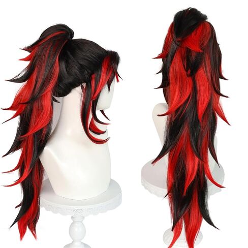 IMEYLE Tsugikuni Yoriichi Wig for Demon Slayer Kokushibou Cosplay Long Red Wavy Wig Men Black Male Curly Wig Boy Negro Peluca Larga Roja Synthetic Wig for Anime Halloween Costume Party + Wig Cap in Saudi Arabia