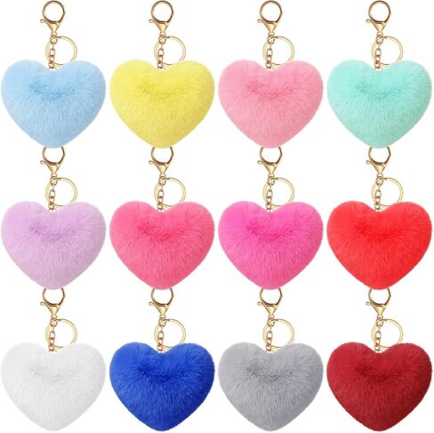 Equsion Heart Pom Pom Keychain السائبة الطرف تفضل الملونة فو الفراء بوم بوم مفتاح سلاسل المفاتيح السائبة بالجملة لعيد الحب والفتيات (متعدد الألوان، 48) in Saudi Arabia